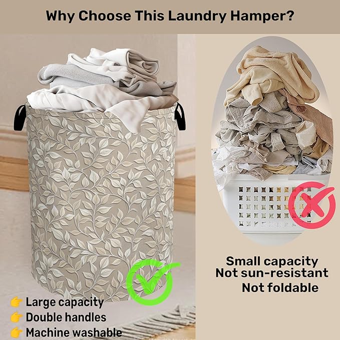 Beige Leaves Modern Laundry Basket - Image 3