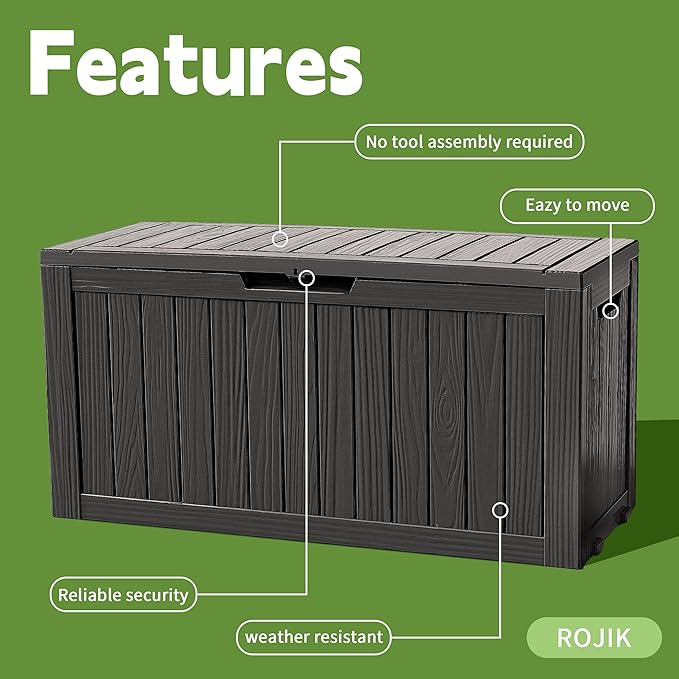 ROJIK Outdoor Storage Housing Deck Box - Waterproof Patio Furniture, Garden Tools, Cushions, Pool Accessories Storage Bench with Lockable Lid and Side Handles (Black 90 Gal) - Image 3
