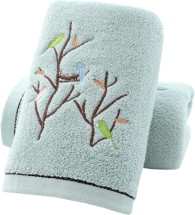 Pidada Hand Towels Set of 2 Embroidered Bird Tree Pattern 100% Cotton Absorbent by Pidada
