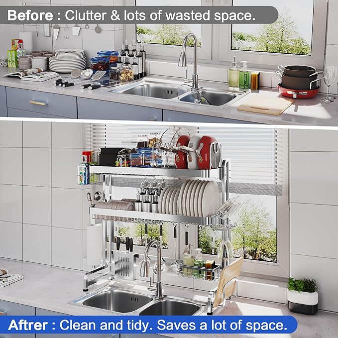 Over The Sink Dish Drying Rack, 3 Tier Adjustable Length Full Stainless Steel - Image 7