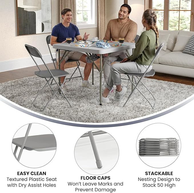 Flash Furniture Hercules Series Plastic Folding Chair - Grey - 4 Pack 650LB Weight Capacity Comfortable Event Chair-Lightweight Folding Chair - Image 5