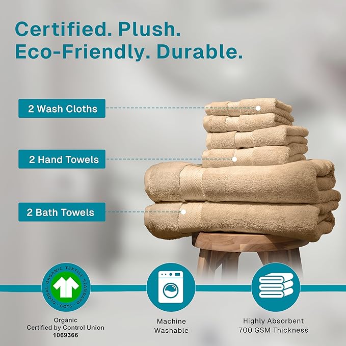 Fabdreams 100% Organic Cotton Bath Towel Set of 6 700 GSM Hotel Premium Plush - Image 3