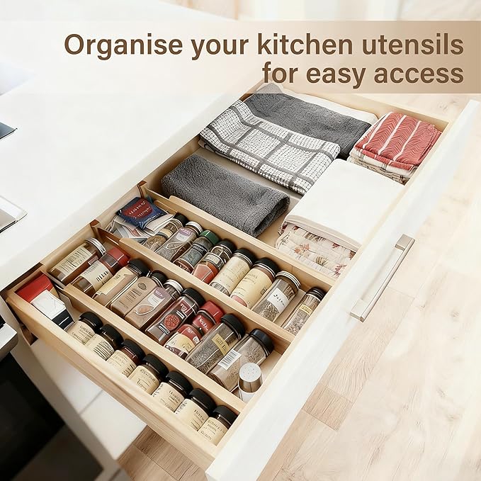 Bamboo Drawer Divider Set of 4, Adjustable Spring-Loaded Drawer Organizer - Image 4