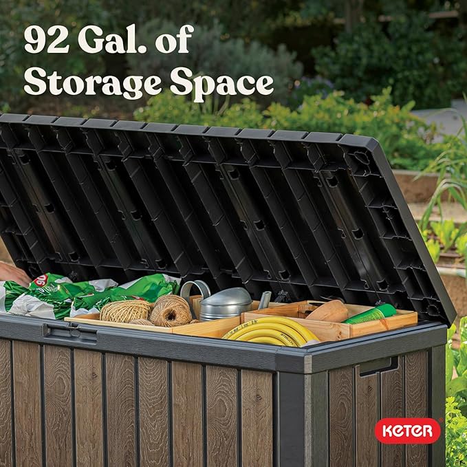 Keter Signature Collection 92 Gallon Resin Deck Box Organization and Storage Box for Patio Outdoor Cushions, Throw Pillows, Garden Tools and Pool Supplies, Walnut - Image 6