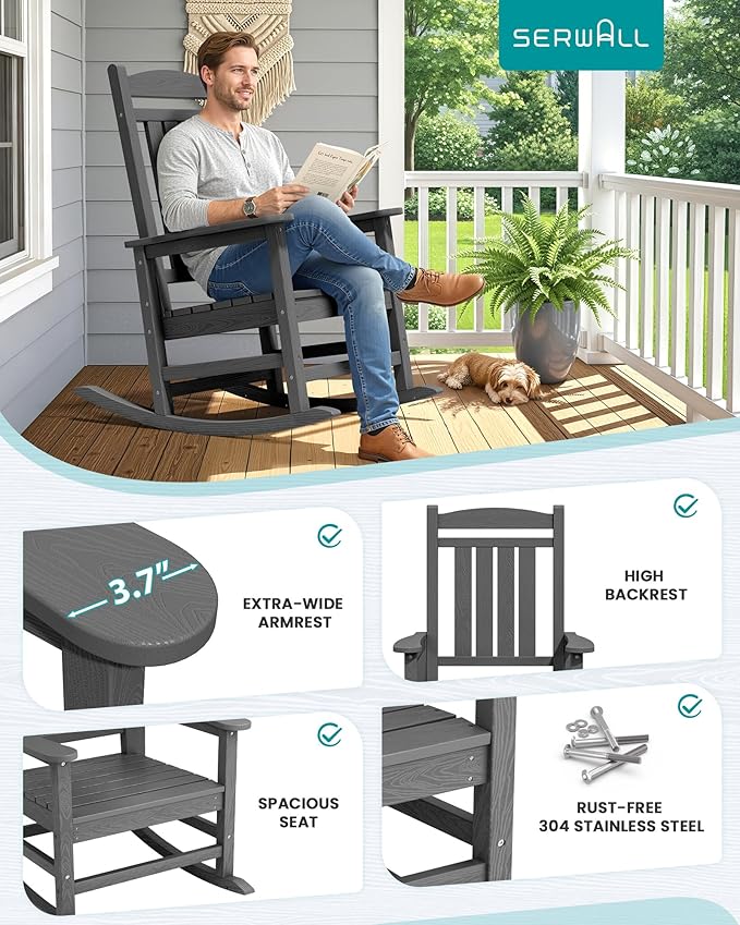 SERWALL Outdoor Rocking Chair, HDPE Patio Rocking Chair All-Weather Porch Rocker for Balcony, Yard, Dark Gray - Image 5