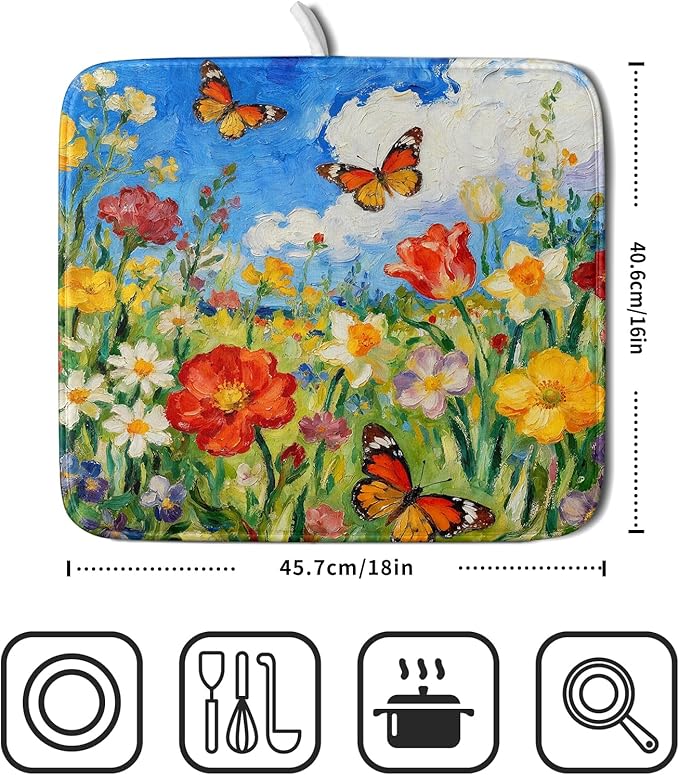 Floral Dish Drying Mat for Kitchen Counter 16x18 Spring Summer Theme Colorful - Image 2