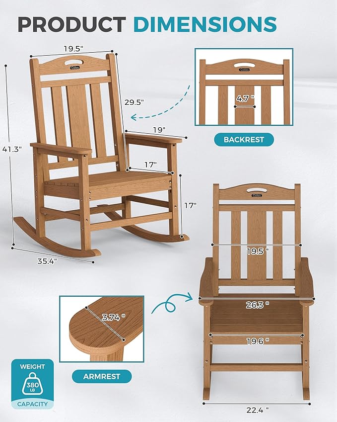 Ciokea Oversized Outdoor Rocking Chairs Set of 4, 380lbs Heavy-Duty Large Patio Rocker, High Back Cozy Porch Chairs, Weather Resistant Patio Rocking Chairs for Outside, Fire Pit, Deck, Teak - Image 3