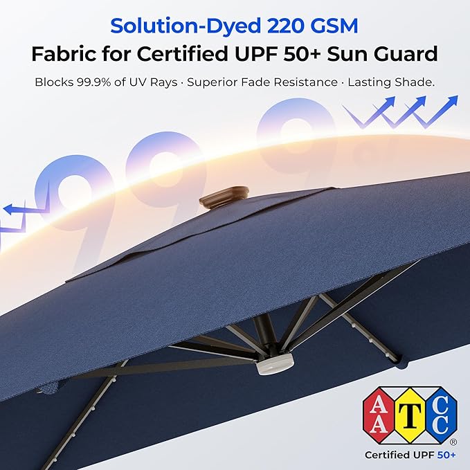 HOMSHADE 10 ft Square Cantilever Patio Umbrella with Base Included, Solar Lights Large Umbrella Outdoor Patio with 360°Rotation&Tilting, LED Lighted Offset Umbrellas w/Stand for Pool Deck - Image 4