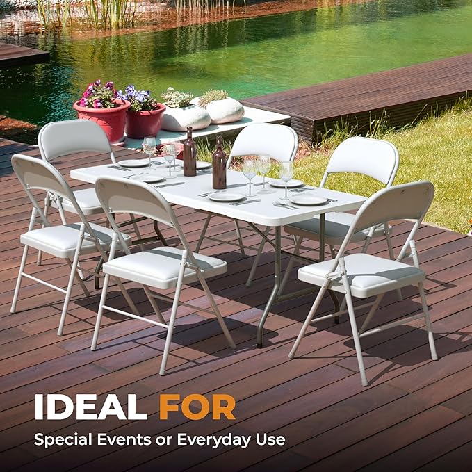 8 Pack Leather Chair | Foldable & Stackable | 350 lbs Capacity Steel Frame Seats for Indoor or Outdoor | Commercial Use Events Wedding Party Events Bulk Picnic Kitchen Dining - White - Image 7