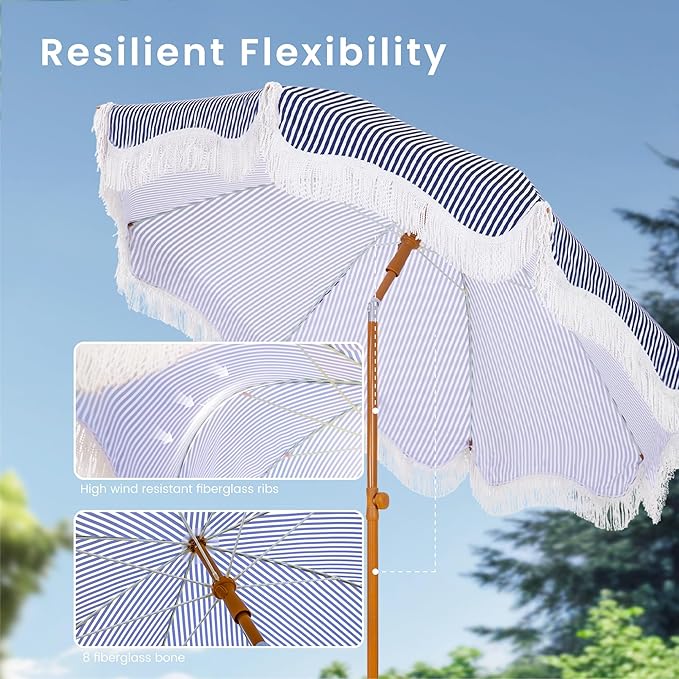 PHI VILLA 7ft Beach Umbrella with Fringe & Sand Anchor, Outdoor Patio Heavy Duty Windproof Portable Tassel Umbrellas for Sand with Push Button Tilt & Carrying Bag, UPF 50+, Stripe Blue & White - Image 4