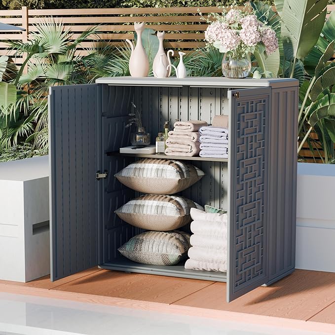 Indoor Outdoor Storage Cabinet Waterproof with Shelf,Plastic Storage Sheds Outdoor Cabinets for Patio/Garden/Backyard, Size 34.3''L*15''W*36.2''H（Gray） - Image 2