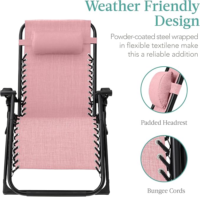 Best Choice Products Oversized Zero Gravity Chair, Folding Outdoor Patio Recliner, XL Anti Gravity Lounger w/Removable Cushion, Cup Holder, Side Tray, 350lb Capacity - Pink - Image 4