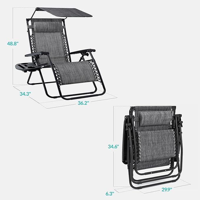 Best Choice Products 30” Wide Folding Zero Gravity Outdoor Recliner Patio Lounge Chair w/Adjustable Canopy Shade, Headrest, Side Accessory Tray - Gray - Image 2