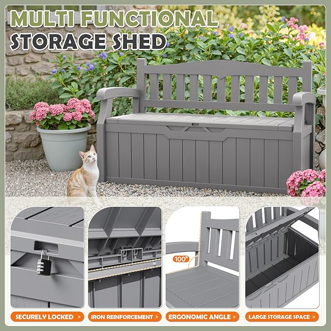 Homall 75 Gallon Outdoor Storage Benches Lockable Deck Box with Waterproof and UV Resistant, Waterproof Storage Box for Patio Furniture, Tools, Cushions (Grey) - Image 6