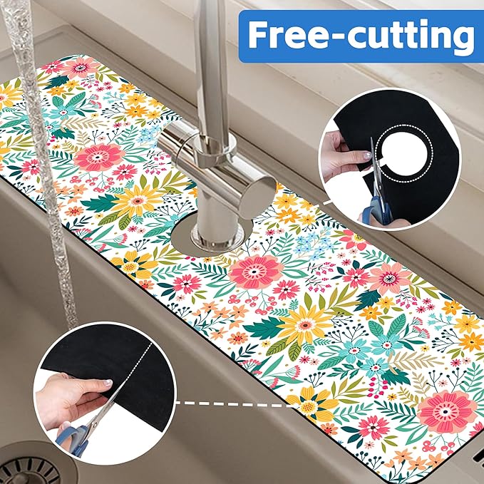 Colorful Floral Leaves Berries Kitchen Sink Splash Guard Mat Absorbent Fast - Image 7