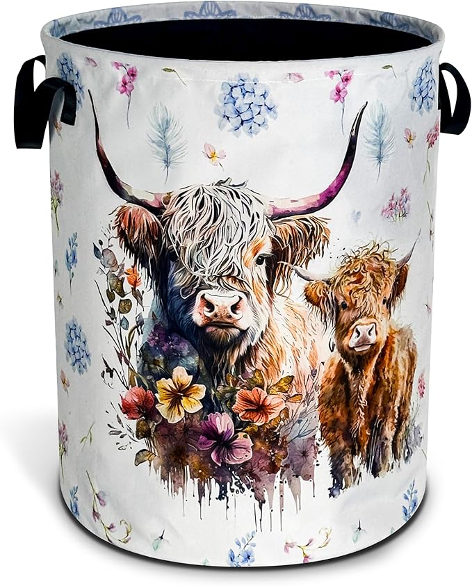 Highland Cow Laundry Basket Cattle Animal Foldable Oxford Cloth Funny Tote Bag by NUTAINLA