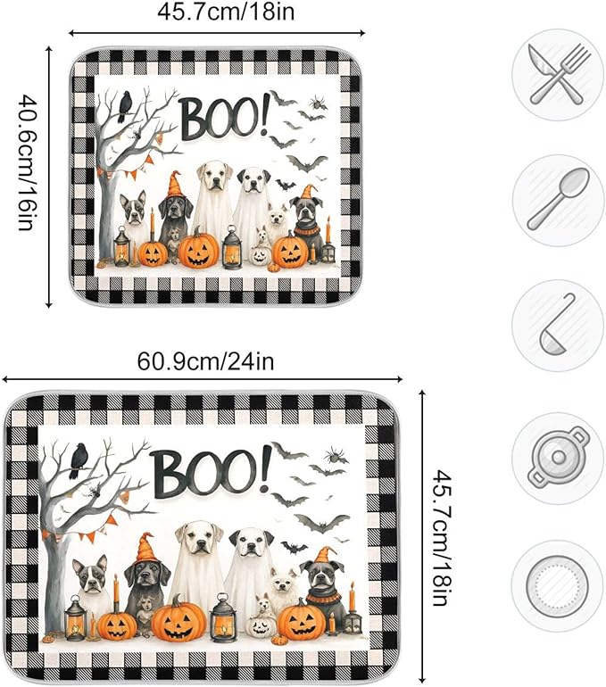 Halloween Dogs Dish Drying Mat for Kitchen Countertop 16x18 Raven Bat Pumpkin - Image 3