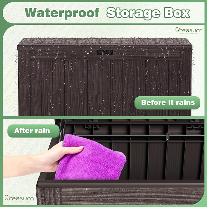 Greesum Outdoor Storage Box 120 Gallon Storage Bin with Lid for Patio Furniture, Garden Tools, Pool Supplies, Lockable, Waterproof and UV Resistant, Dark Brown - Image 7