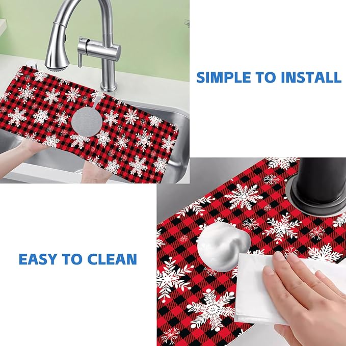 Christmas Snowflake Kitchen Sink Splash Guard Mat Buffalo Plaid Absorbent Fast - Image 5