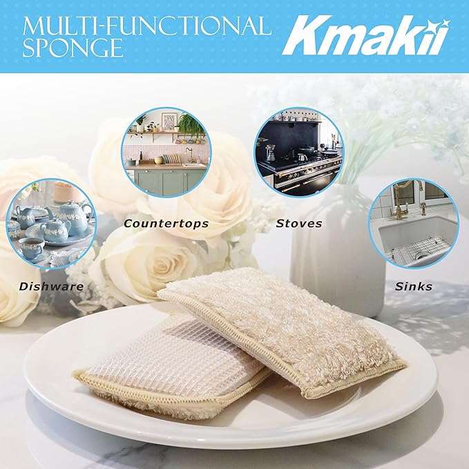 KMAKII Bamboo Kitchen Sponges Dish Sponge Super Absorbent Natural Dish Sponges - Image 4