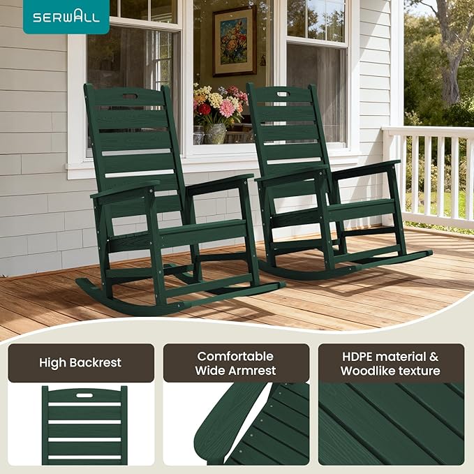 SERWALL Outdoor Rocking Chair Set of 2, Oversized Rocking Chair with Footboard for Adults, HDPE All Weather Resistant Rocking Chairs for Patio, 350lbs Weight Capacity,Green - Image 9