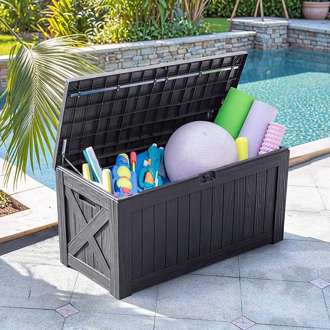 Flamaker Resin Deck Box 120 Gallon Waterproof Large Outdoor Indoor Storage Box Imitation Wood Resin for Patio Furniture Garden Tools and Pool (Gray) - Image 3