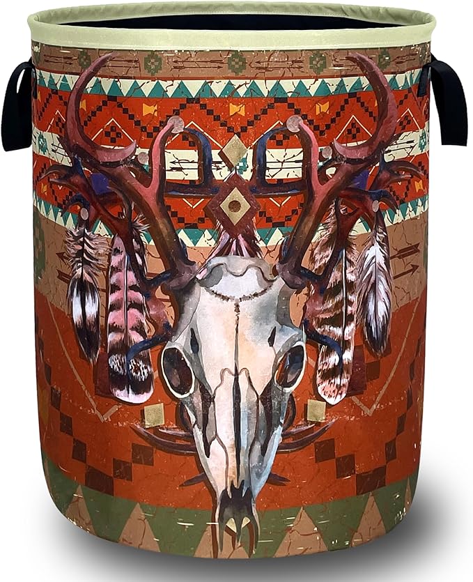 Longhorn Cattle Skull Laundry Basket Oxford Cloth Colorful Tribal Laundry Hamper by Unknown