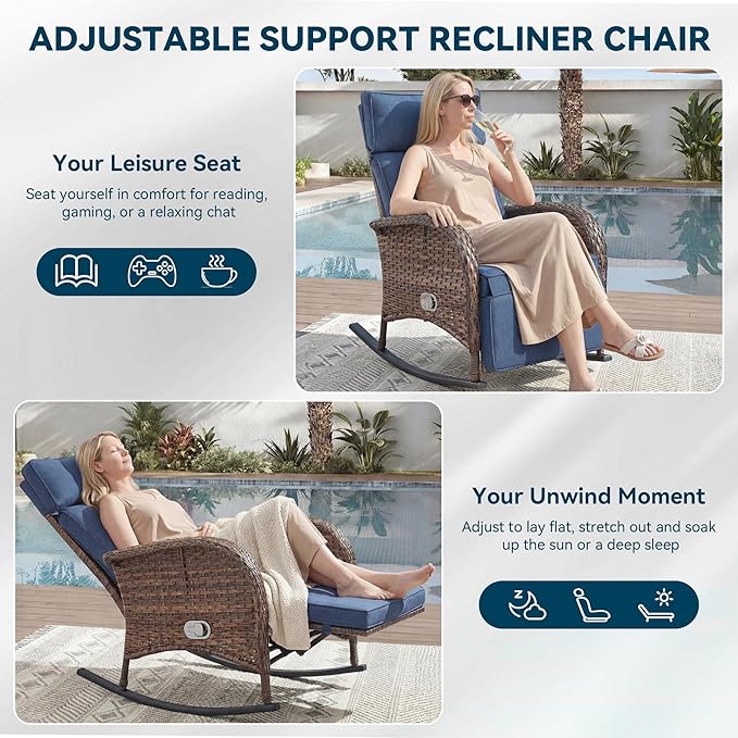 3 Pieces Zero Gravity Wicker Patio Rocking Recliner Chairs Set of 2 - Wicker Outdoor Lounge Chair with Side Table, Adjustable Backrest & Footrest, High Back Outdoor Recliner Chair for Pool Deck Blue - Image 5