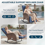 Zero Gravity Patio Rocking Wicker Recliner Chair - Wicker Outdoor Lounge Chair with Adjustable Backrest & Footrest, All Weather Reclining Rocker Chairs with Thick Cushion for Pool Deck Blue - Image 5