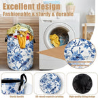 Blue Flower Bird Laundry Basket, Foldable Waterproof Laundry Hamper Tote Bag - Image 4
