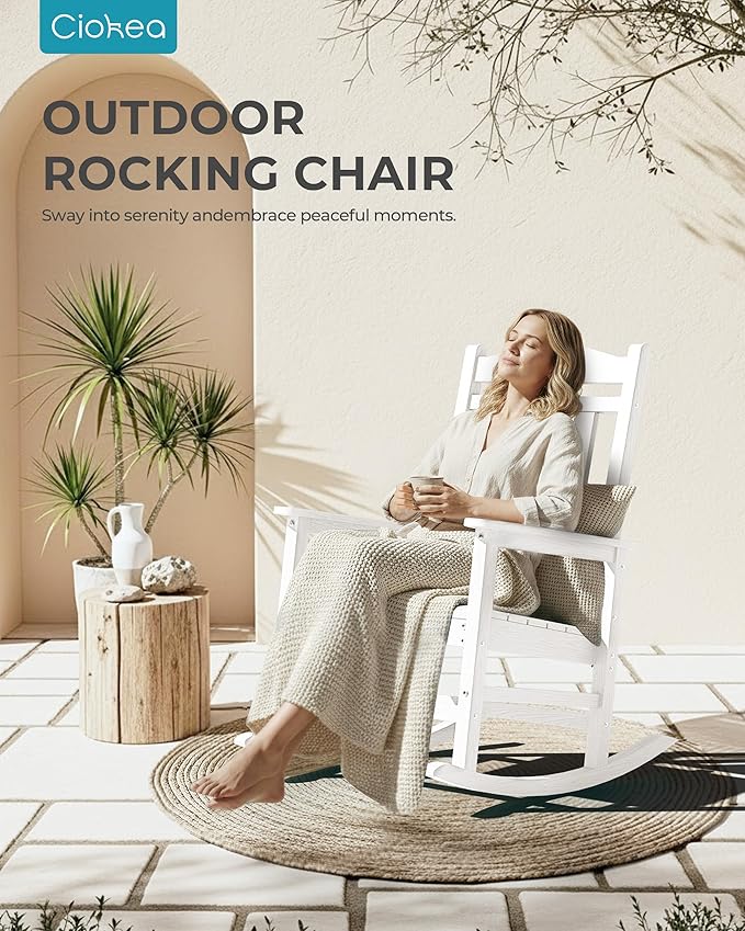 Ciokea Oversized Outdoor Rocking Chairs Set of 2, 380lbs Heavy-Duty Large Patio Rocker, High Back Cozy Porch Chairs, Weather Resistant Patio Rocking Chairs for Outside, Fire Pit, Deck, White - Image 8