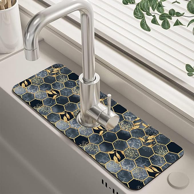 Kitchen Sink Splash Hexagon Marble and Golden Leaves Guard Faucet Mat Super by Unknown