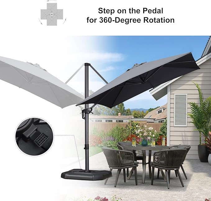 PURPLE LEAF 8'×8' Patio Cantilever Umbrella with Base Included Offset Outdoor Umbrella with cover Square umbrella outdoor patios for Backyard Pool Garden Grey - Image 9
