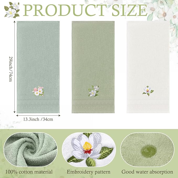 Magnolia Floral Hand Towels Farmhouse Green White Magnolia Bathroom Decor 14x29 - Image 2