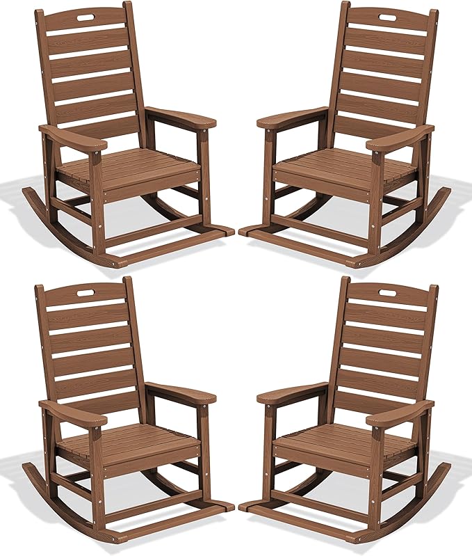 SERWALL Outdoor Rocking Chair Set of 4, Oversized HDPE Patio Rocking Chair with Footrest for Adults, All Weather Porch Rocker for Deck Patio Balcony, Brown by SERWALL