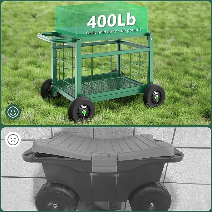 FLINTER Rolling Garden Work Seat with Wheels, Upgraded Heavy Duty Gardenning Cart with Seat - Garden Rolling Stools with Wheels for Seniors, Lawn, Patio & Backyard Gardening, Green - Image 8