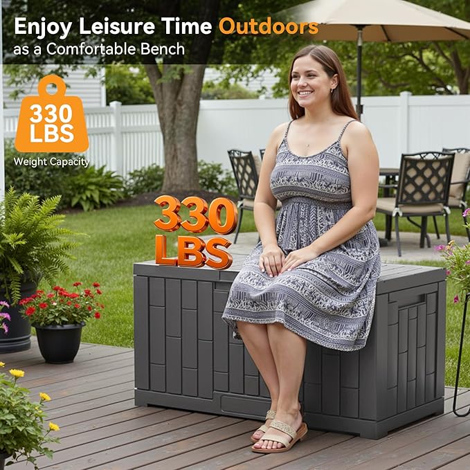 NEWBULIG 60 Gallon Deck Box, Waterproof Outdoor Storage Box with Lockable Lid, Patio Furniture Bench & Side Table, Outside Storage Container, Tool-Free Assembly, for Garden, Pool, Grey - Image 3