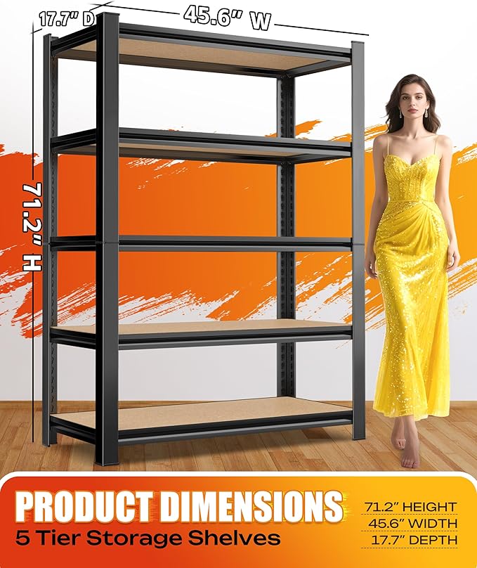AOAORRG Set of 5 Garage Shelving Heavy Duty Storage Shelves, Metal Adjustable Shelving Unit, Utility Garage Organizer Shelf for Basement, Pantry, Kitchen, Warehouse, 45.6" Wx17.7 Dx71.2 H, Black - Image 3