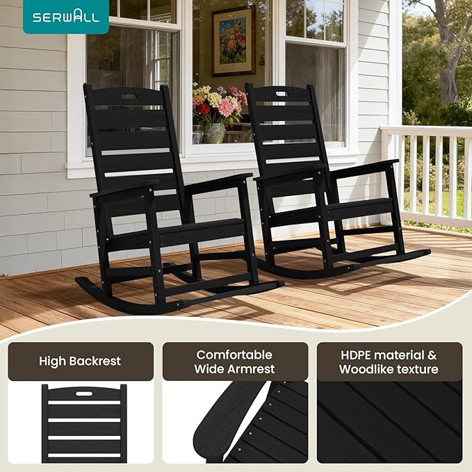 SERWALL Outdoor Rocking Chair Set of 2, Oversized Rocking Chair with Footboard for Adults, HDPE All Weather Resistant Rocking Chairs for Patio, 350lbs Weight Capacity, Black - Image 6
