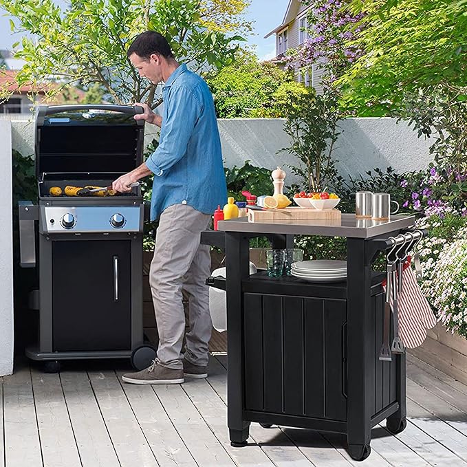 Keter Unity Small 40 Gallon Grill Prep Table and Storage Cart, Grey – BBQ Station with Wheels and Stainless Steel Top, Portable Serving Stand for Patio, Deck, and Backyard - Image 5