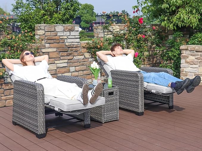 Restland Outdoor Recliner with Independent Adjustable Back & Footrest Wicker Patio Reclining Chair with Flip Table Comfortable Lounge Chair & Thick Cushion for Deck, Porch (3 Piece, Grey) - Image 3