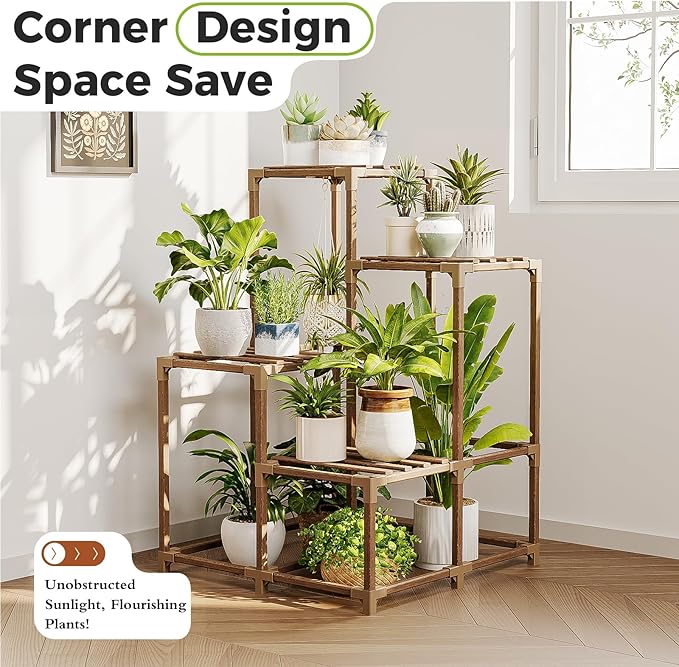 Bamworld Corner Plant Stand Indoor Outdoor Plant Shelf Small Plant Table for Multiple Plants Wooden Plant Holder for Garden Patio Lawn Window Plants Gift,Brown - Image 2