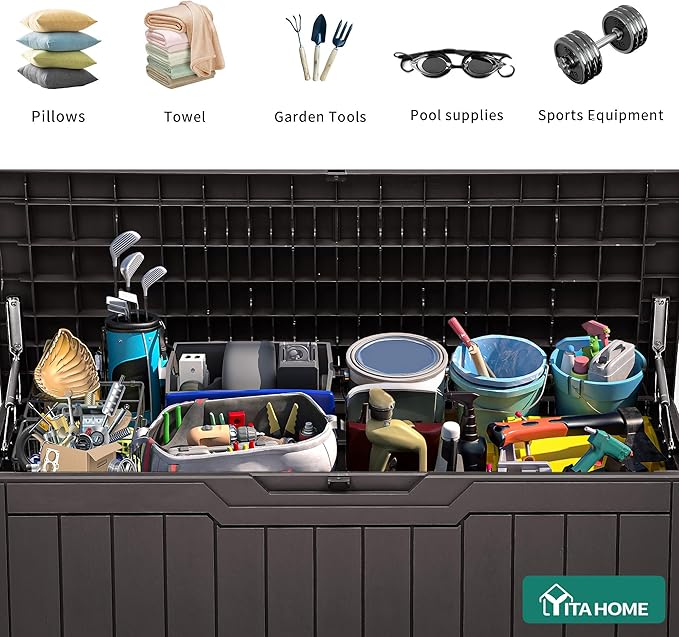 YITAHOME 80 Gallon Outdoor Storage Box, Large Water Resistant Resin Deck Box, Indoor Outdoor Lockable Storage Container for Patio, Garden, Cushions, Tools, Equipment (Dark Brown) - Image 4