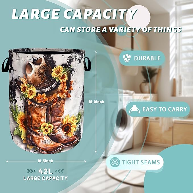 Retro Cows Laundry Basket Western Cowboy Foldable Funny Laundry Hamper Oxford - Image 2