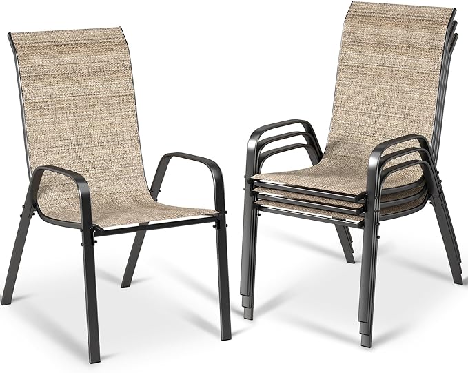 MAMIZO Patio Dining Chairs, Stackable All Weather Teslin Chair, Heavy Duty Outdoor Breathable Chairs Set, w/Armrests, Upgraded Chair FeetW/Strenthened Iron Spacers, 330 LBS (4, Brown) by MAMIZO