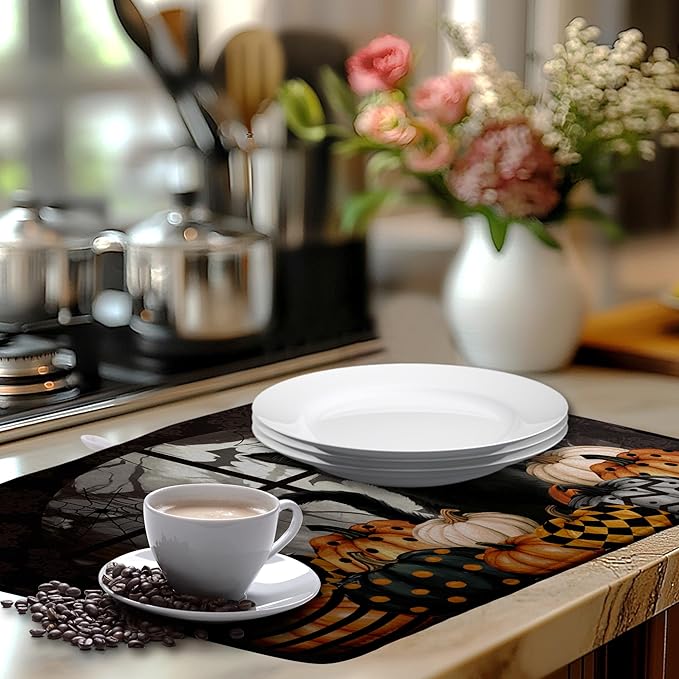 Halloween Black Cat Dish Drying Mat Fall Halloween Pumpkins Large Kitchen Mats - Image 6