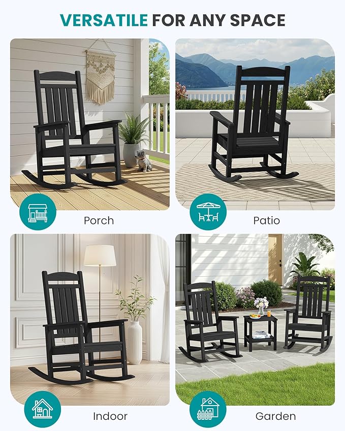 SERWALL HDPE Outdoor Rocking Chair Set of 4, Patio Rocking Chairs, All-Weather Porch Rockers for Adults, Black - Image 8