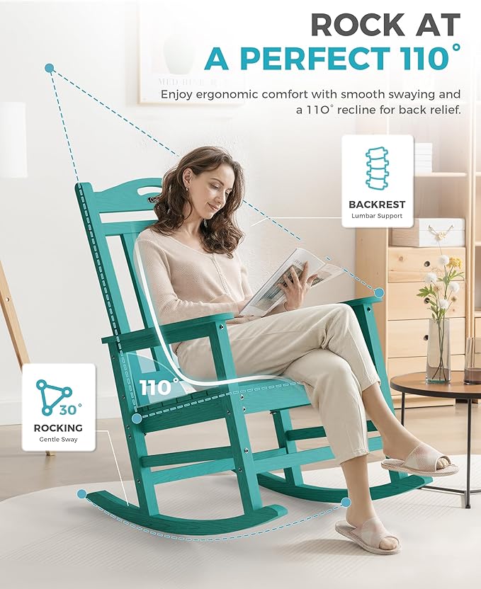Ciokea Oversized Outdoor Rocking Chair, 380lbs Heavy-Duty Large Patio Rocker, Weather Resistant & Anti-Fade Porch Chair, High Back Cozy Rocking Chair for Outside, Fire Pit, Deck, Garden, Aruba Blue - Image 5