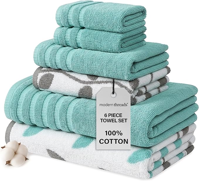 Modern Threads Organic Vines 6-Piece 100% Cotton Towel Set – Yarn Dyed Jacquard by ModernThreads