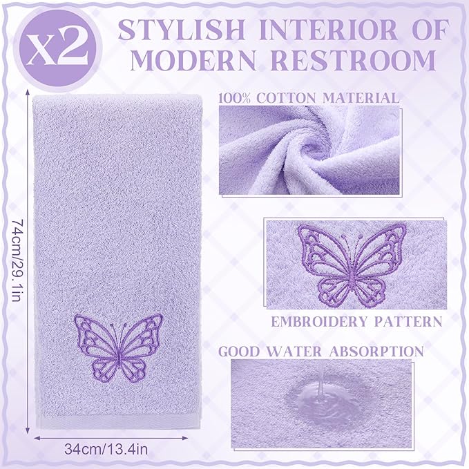2 Pcs Butterfly Hand Towels Light Purple Bathroom Decor 14x29 Inch Embroidered - Image 3